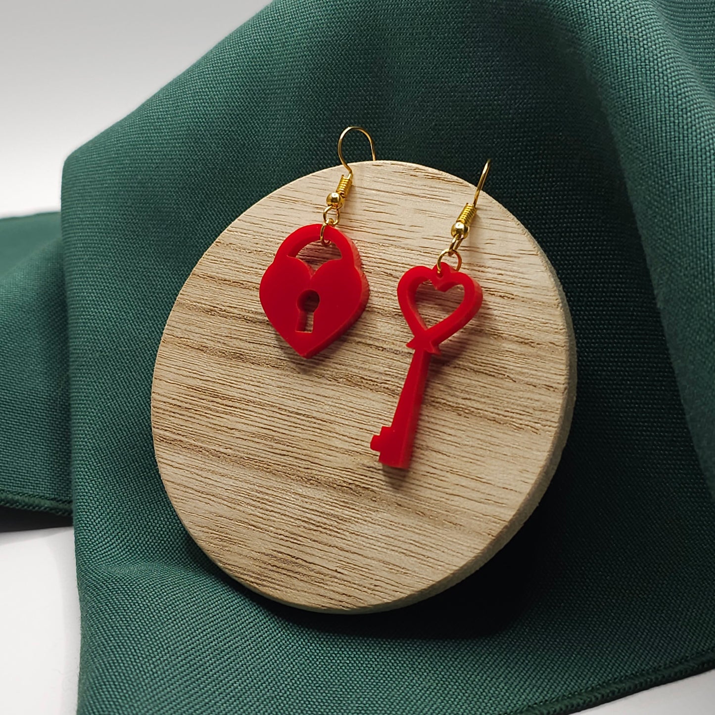 Red Heart Lock + Key Earrings