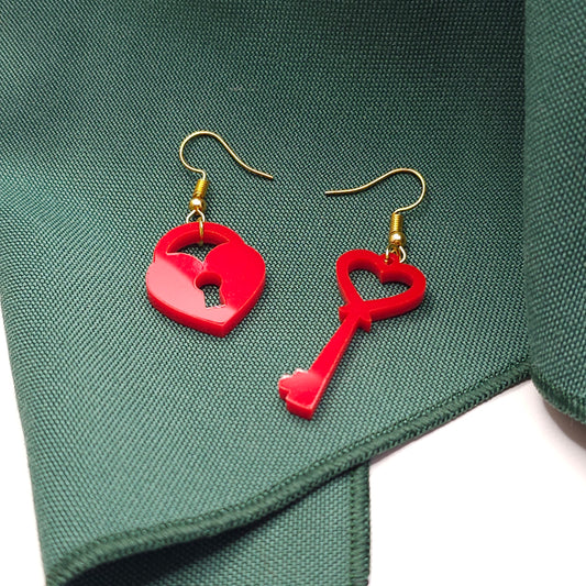 Red Heart Lock + Key Earrings