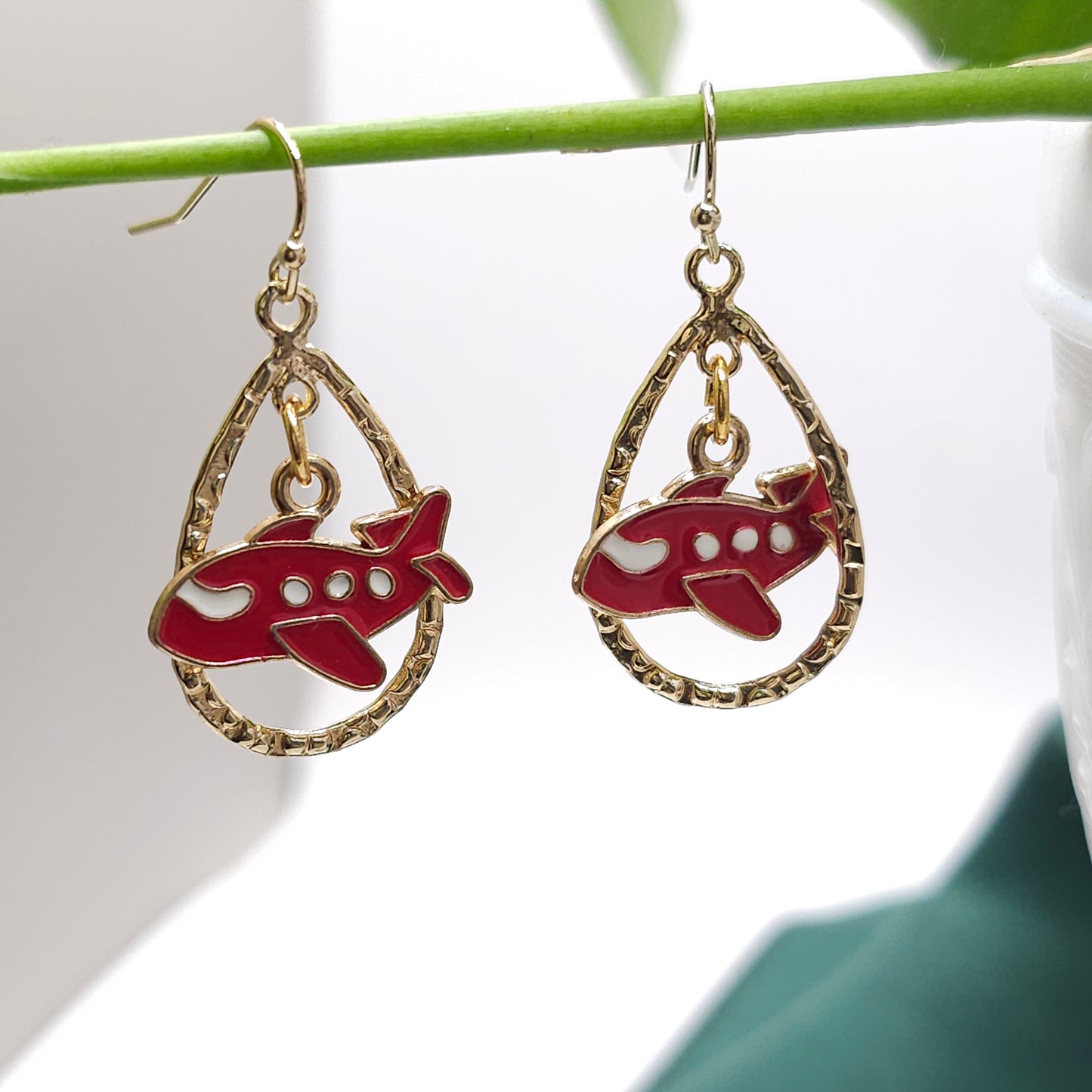 Gold + Red Airplane Earrings